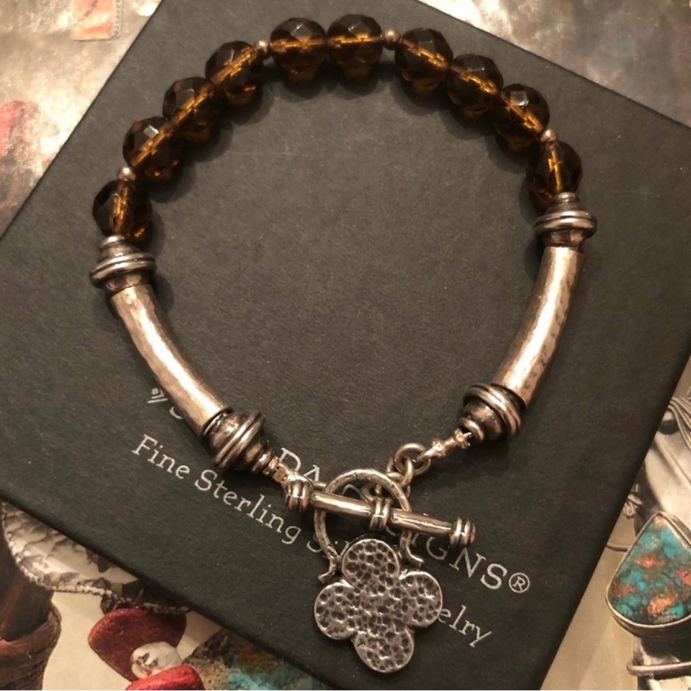 Rare Silpada Sterling Silver Smokey Topaz Glass Bracelet With Good Luck Charm